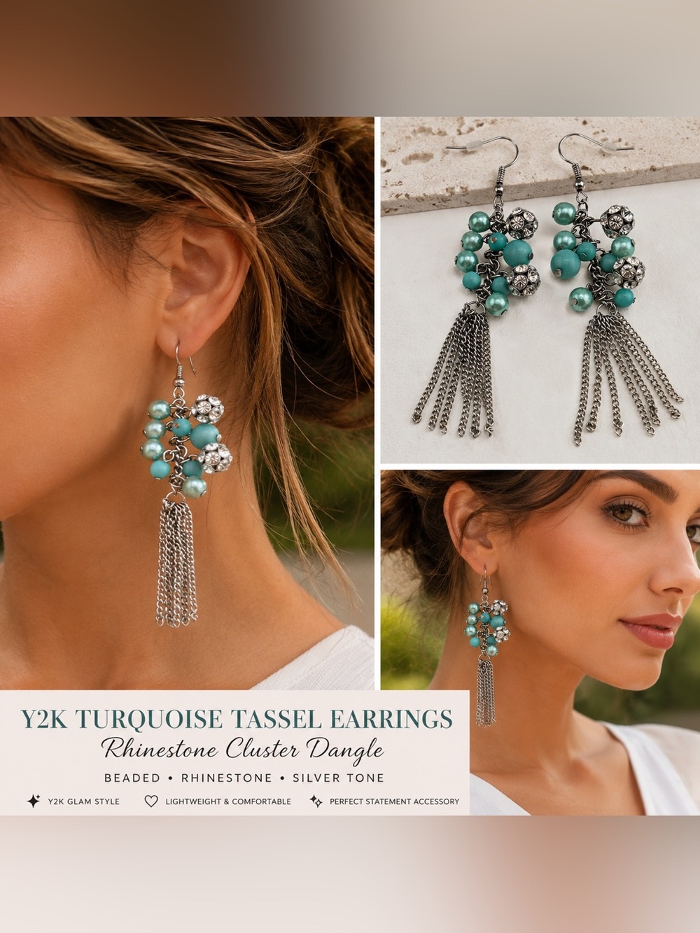 Y2K Turquoise Beaded Tassel Earrings Rhinestone Cluster Dangle Boho Glam
Concert